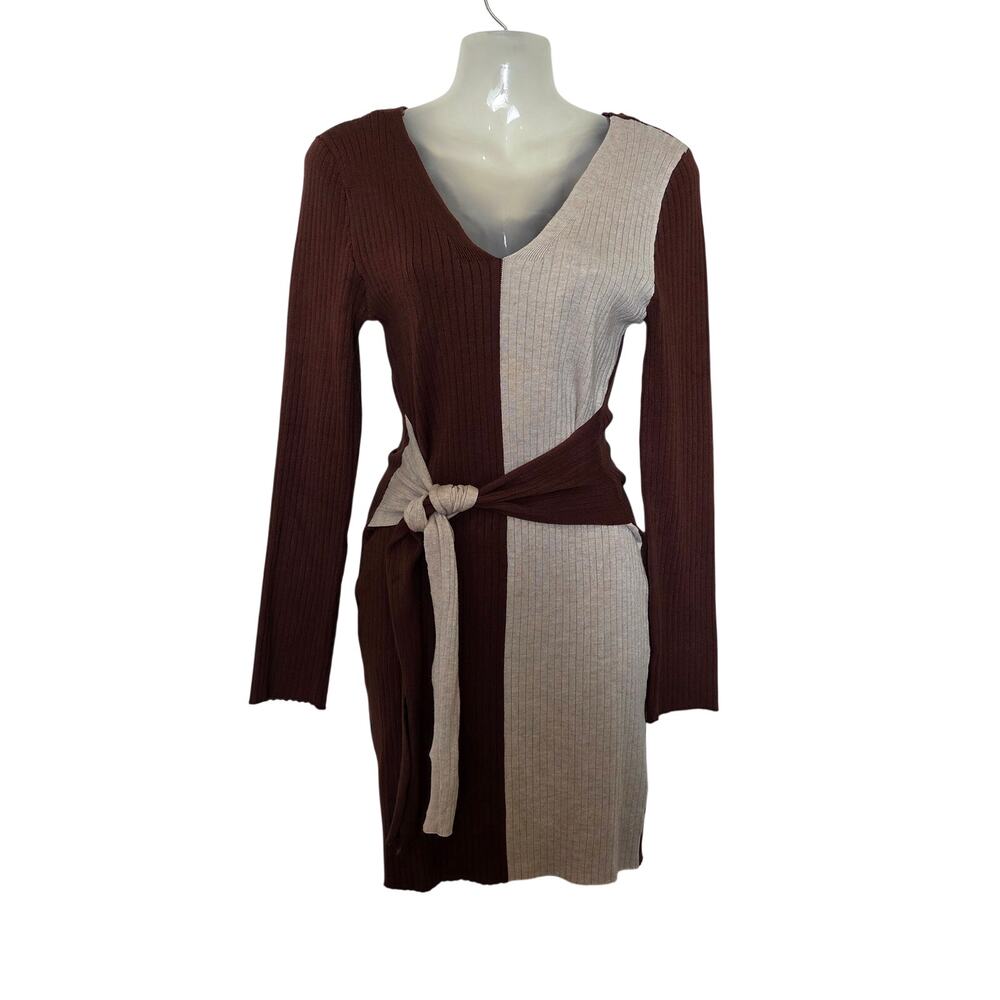 Love Always FCT Brown Cream Colorblock Long Sleeve Belted Mini Knit Dress Sz XL